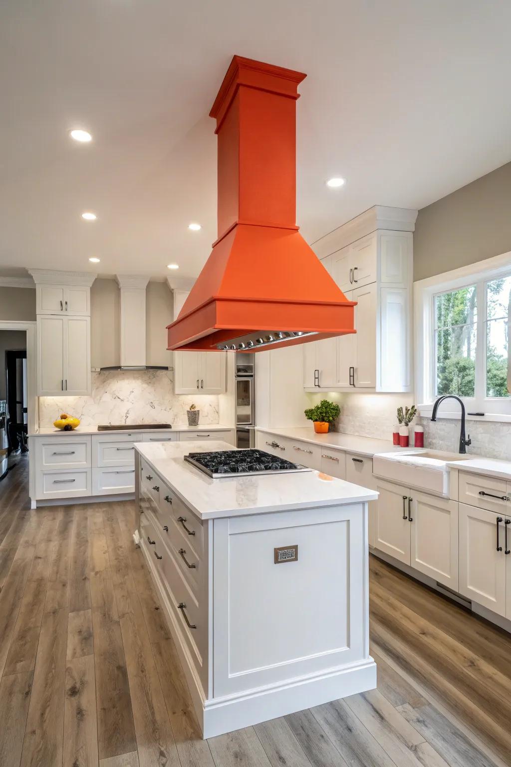 A range hood in a striking color makes a bold statement.