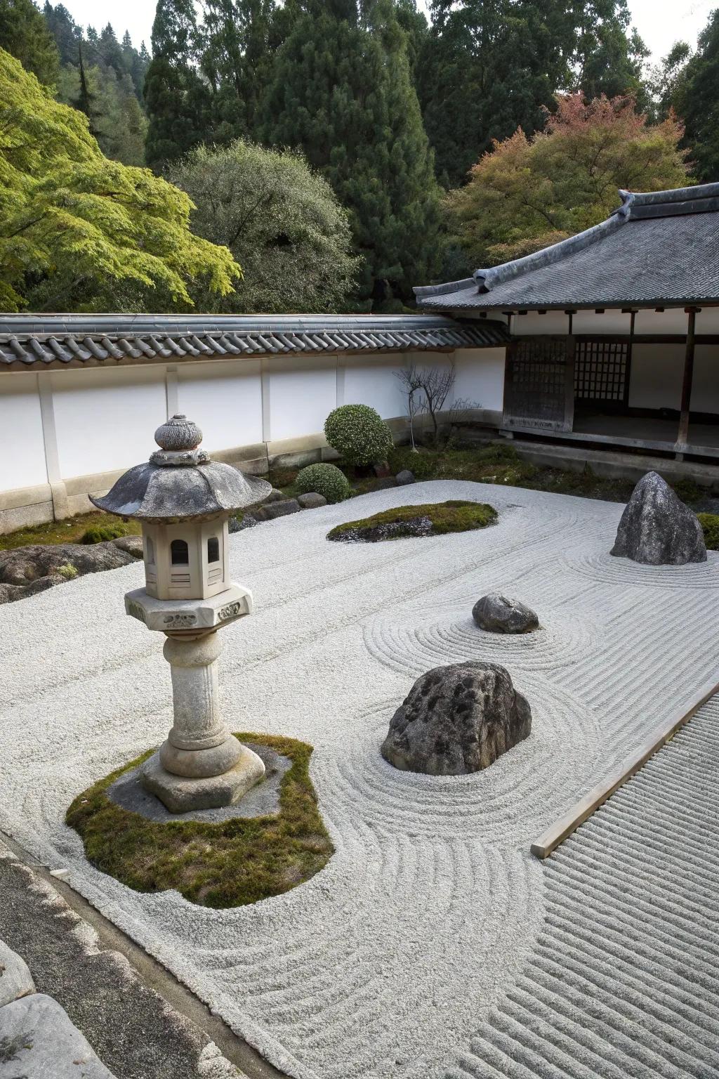 A contemplative garden featuring raked gravel and minimalist features.