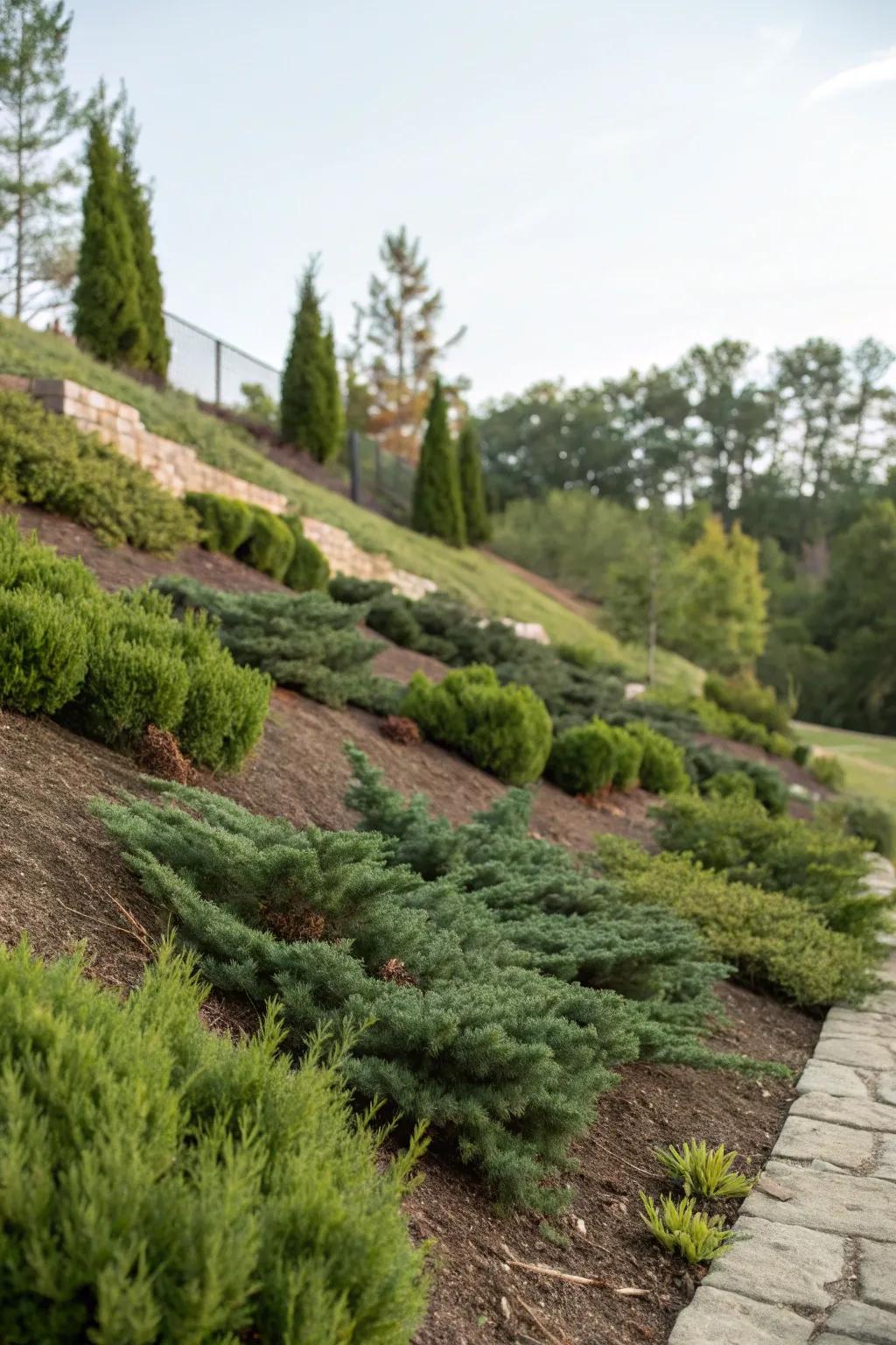 Low-spreading junipers providing a verdant solution for slopes