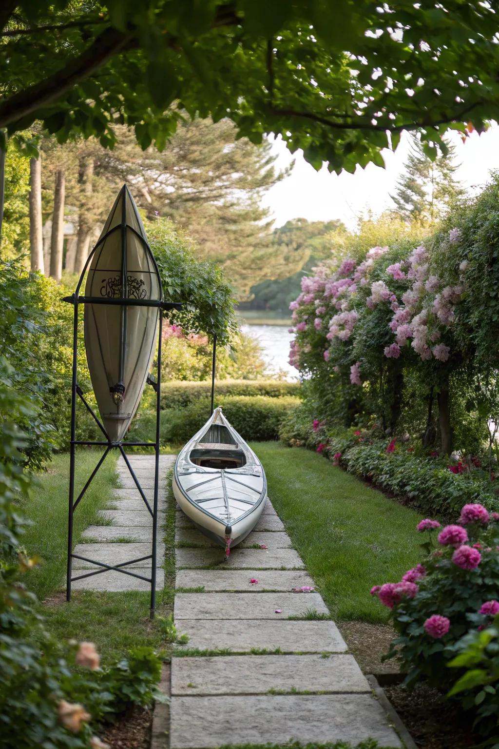 Sturdy metal stand supporting a kayak.