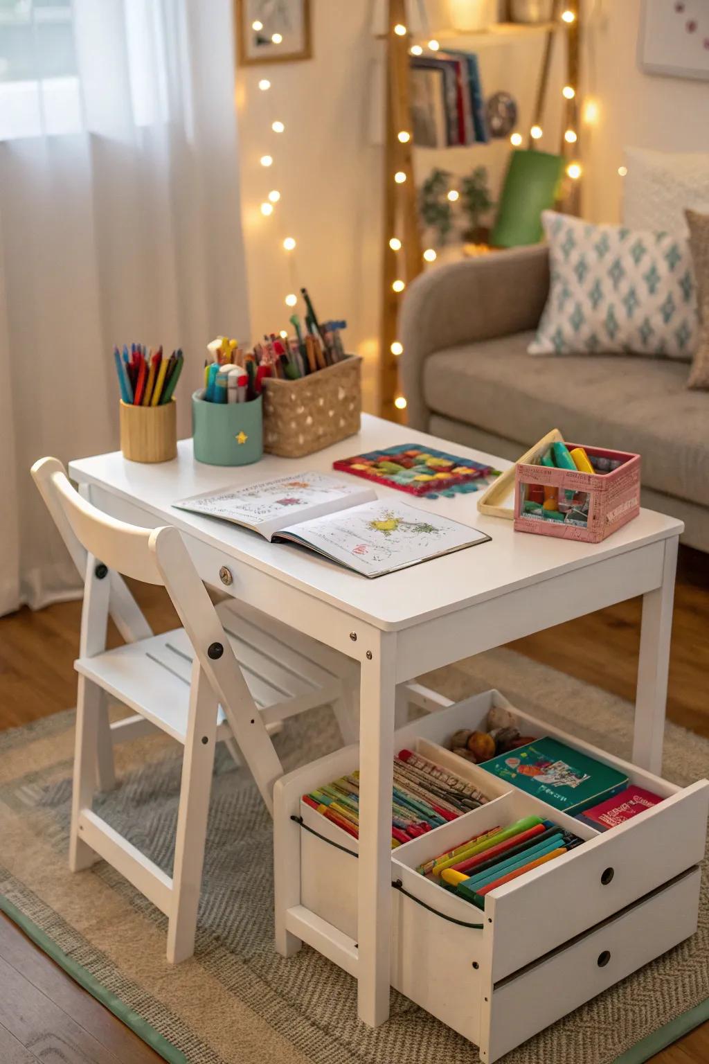 A flexible table that serves as both a study and play area.