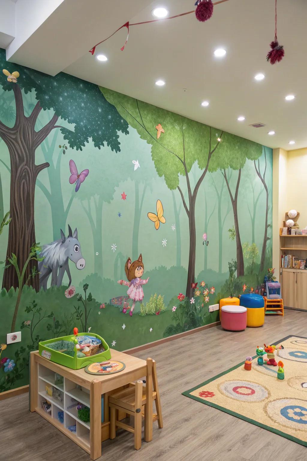 A playroom transformed into an enchanting forest with whimsical wallpaper.