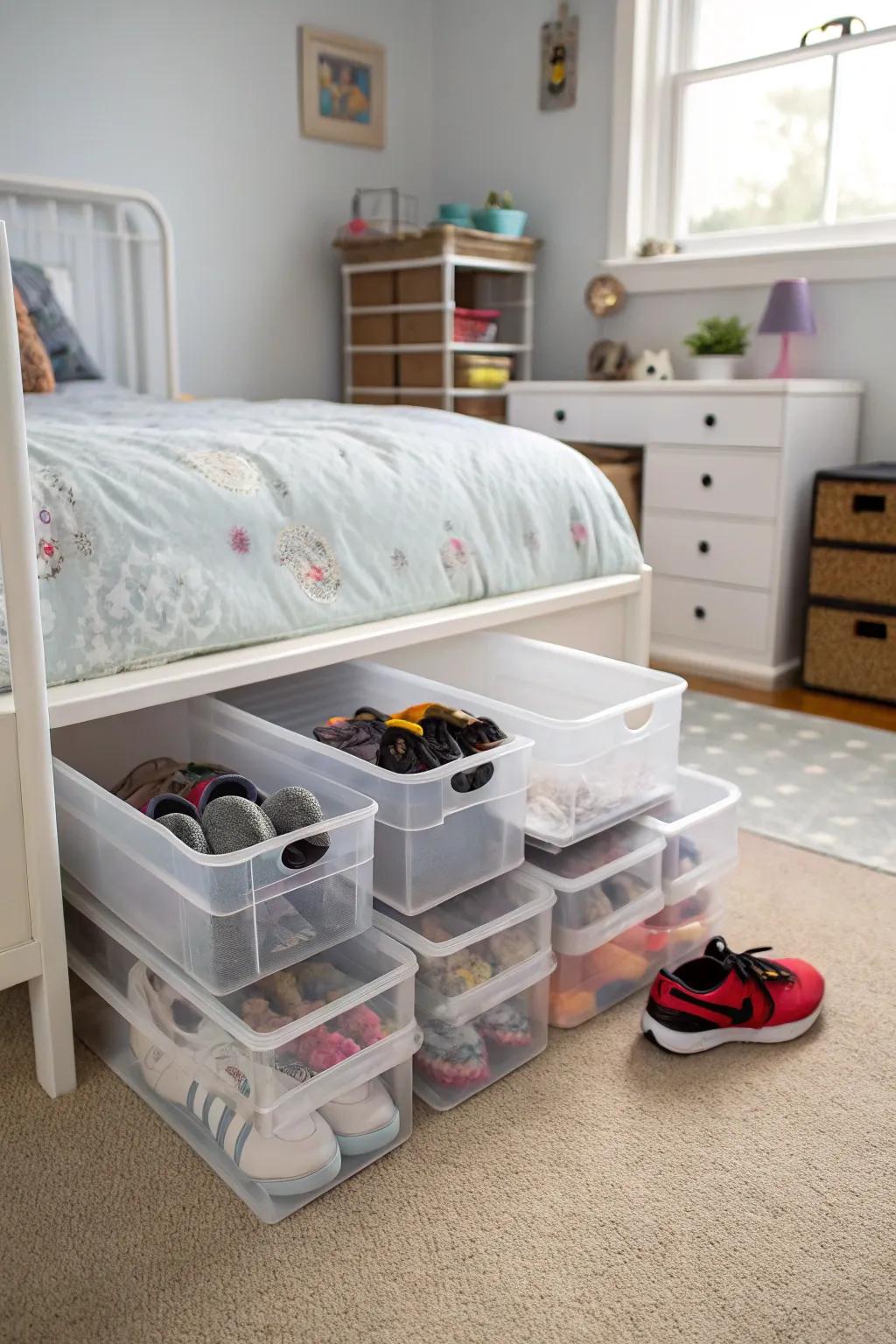 Keep shoes concealed using below-bed storage.