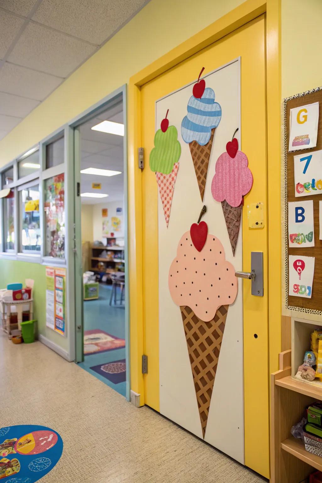 A kindergarten door adorned with amusing frozen dessert designs.