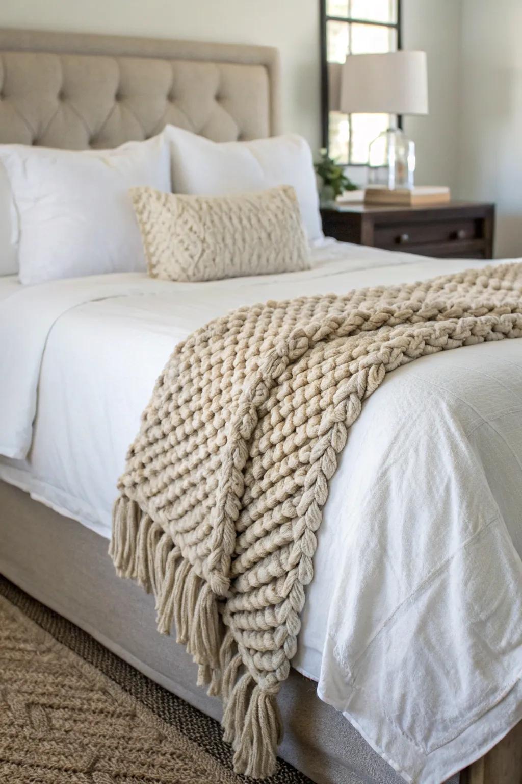 A cozy throw imparts warmth and texture to this beautifully styled king-sized bed.