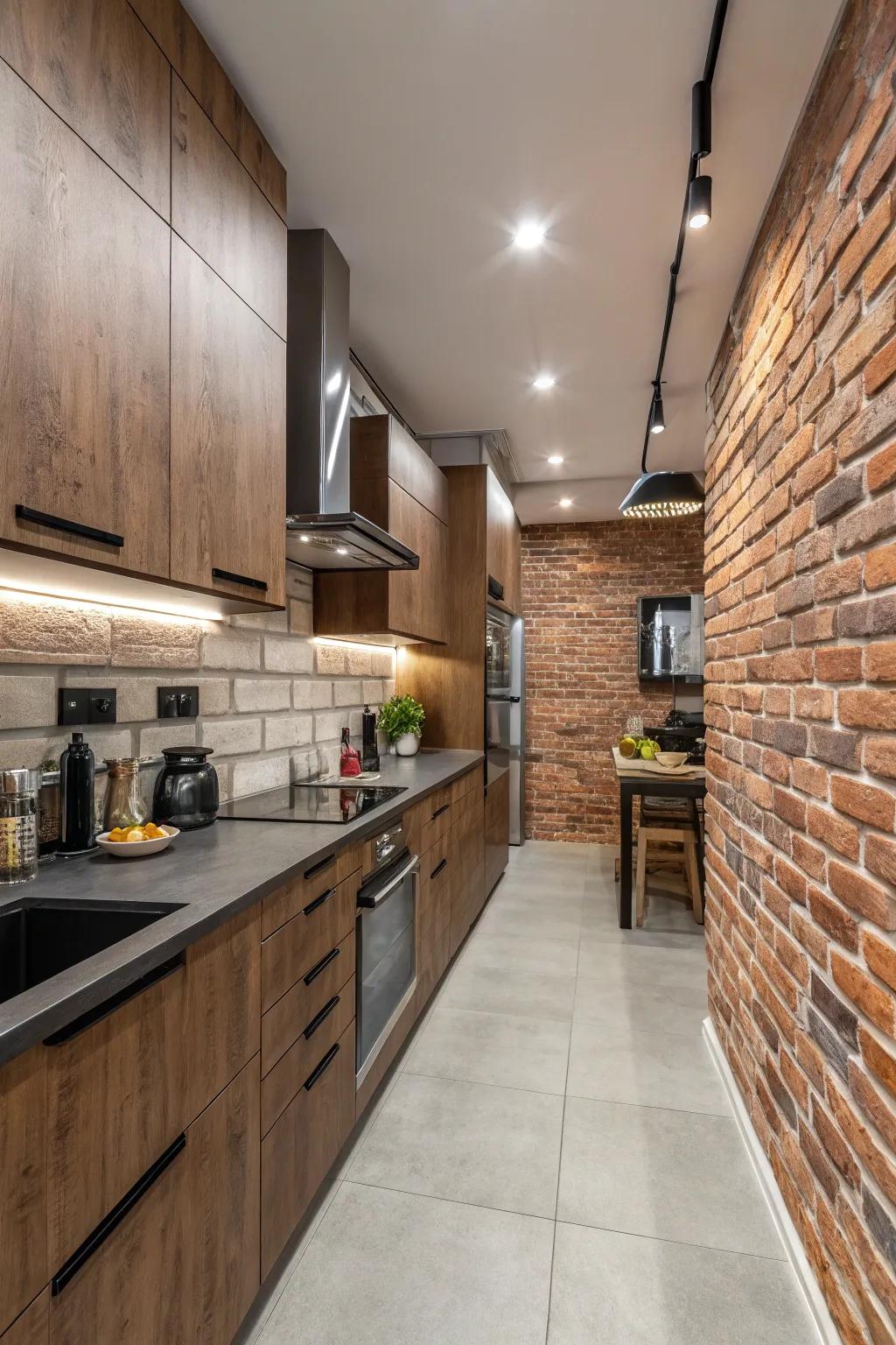 Faux brick panels add industrial charm to your kitchen without the mess.