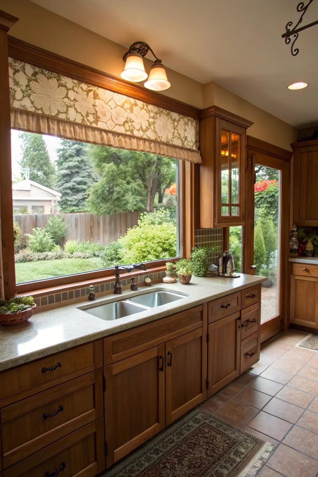 Pivoting windows preceding the sink furnish fresh air and a pleasant scene, contributing to the kitchen's charm.