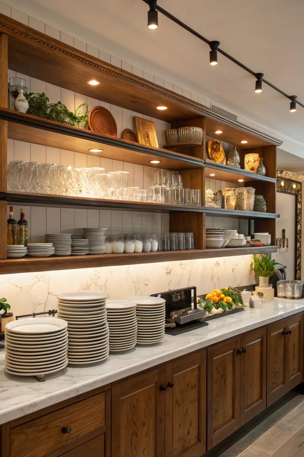 Exposed shelving adds storage and customized details to your bar.