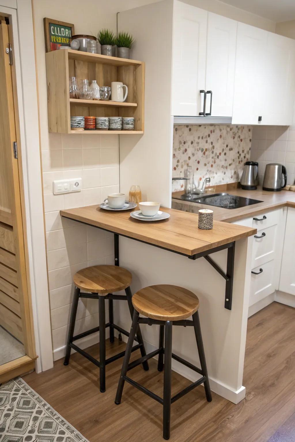 A drop-leaf table provides flexibility in a small kitchen.