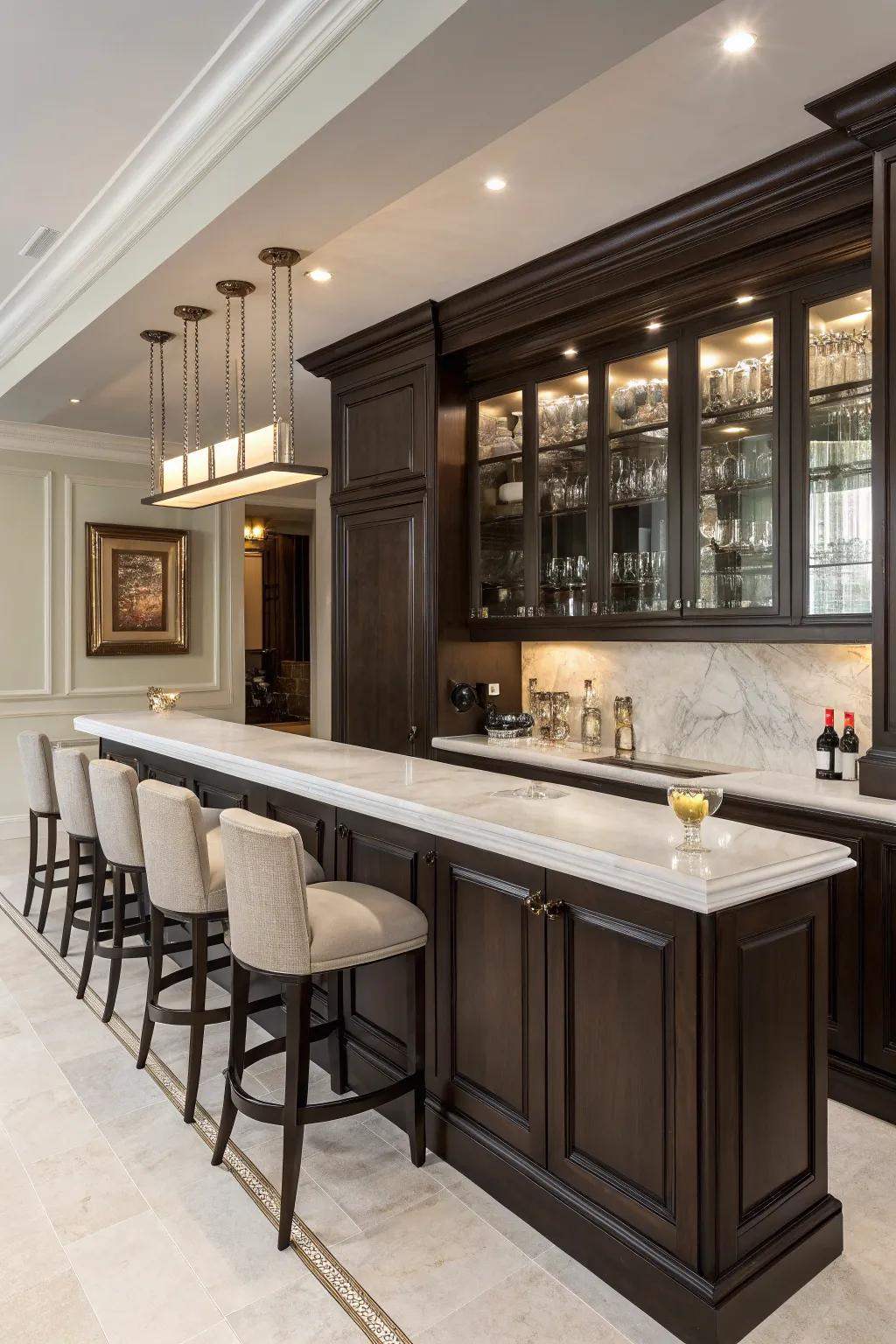 Dark accents bring depth and sophistication to your kitchen bar.