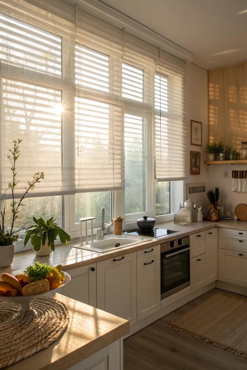 Bright kitchen featuring sheer blinds