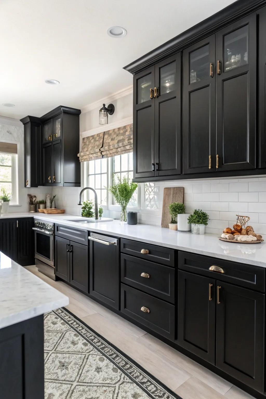 Impressive black accents establish a daring statement within the cooking space.
