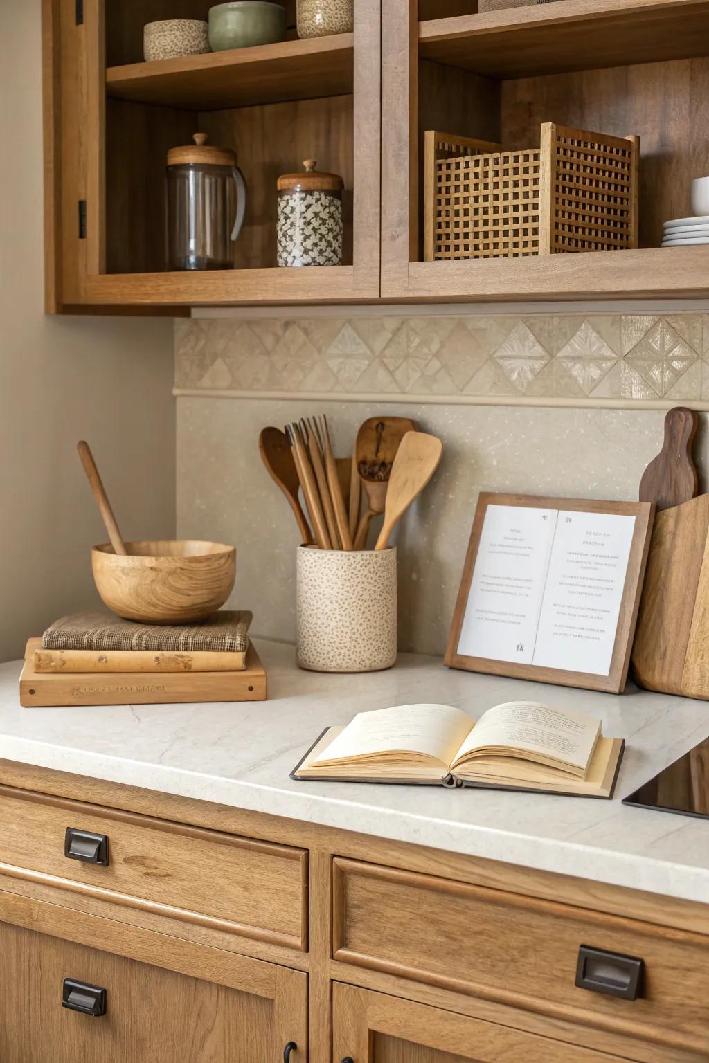 A kitchen desk area using a neutral color scheme that complements the overall kitchen design.