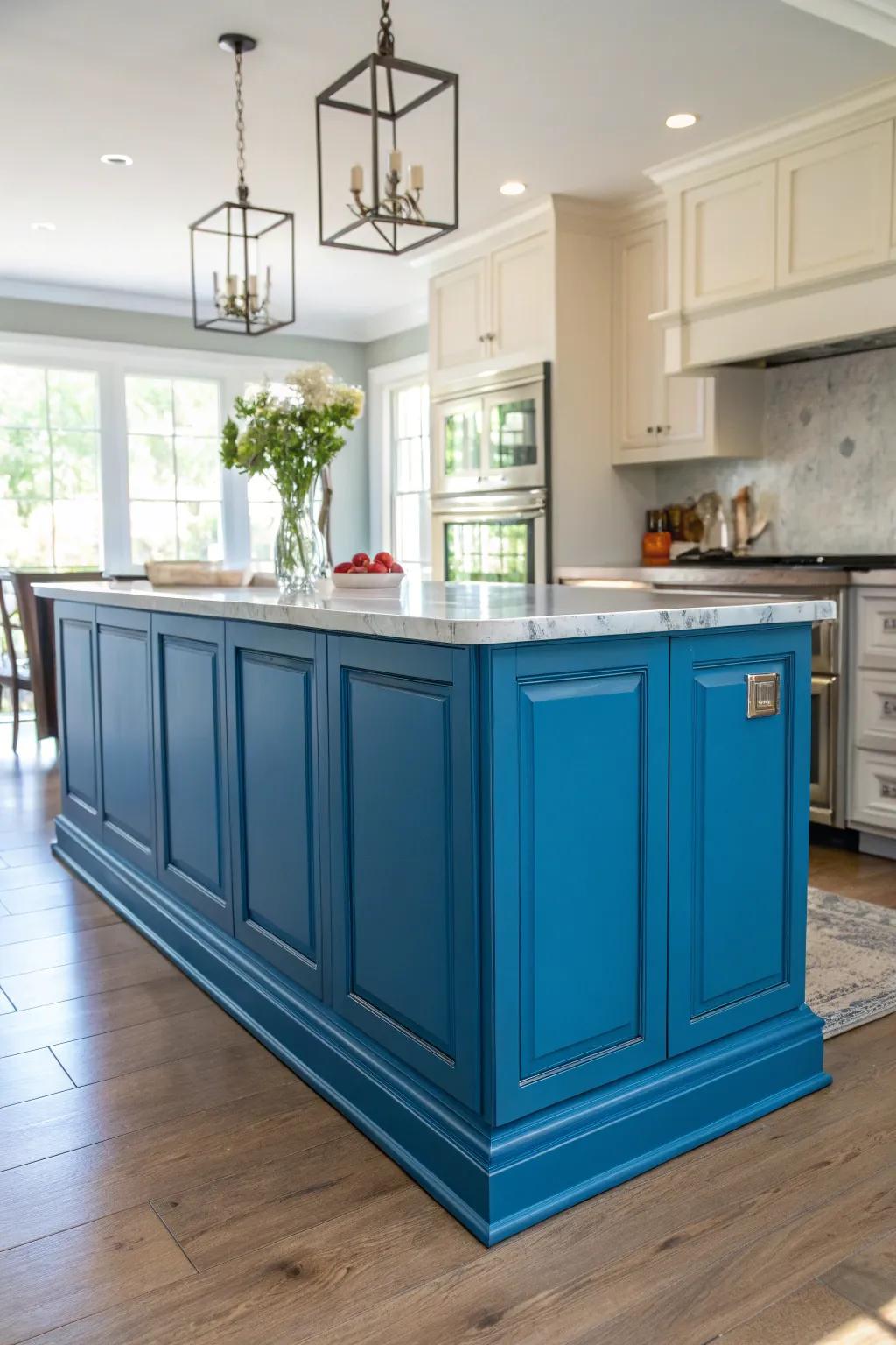 Painted panels introduce a colorful and energetic style to your kitchen island.