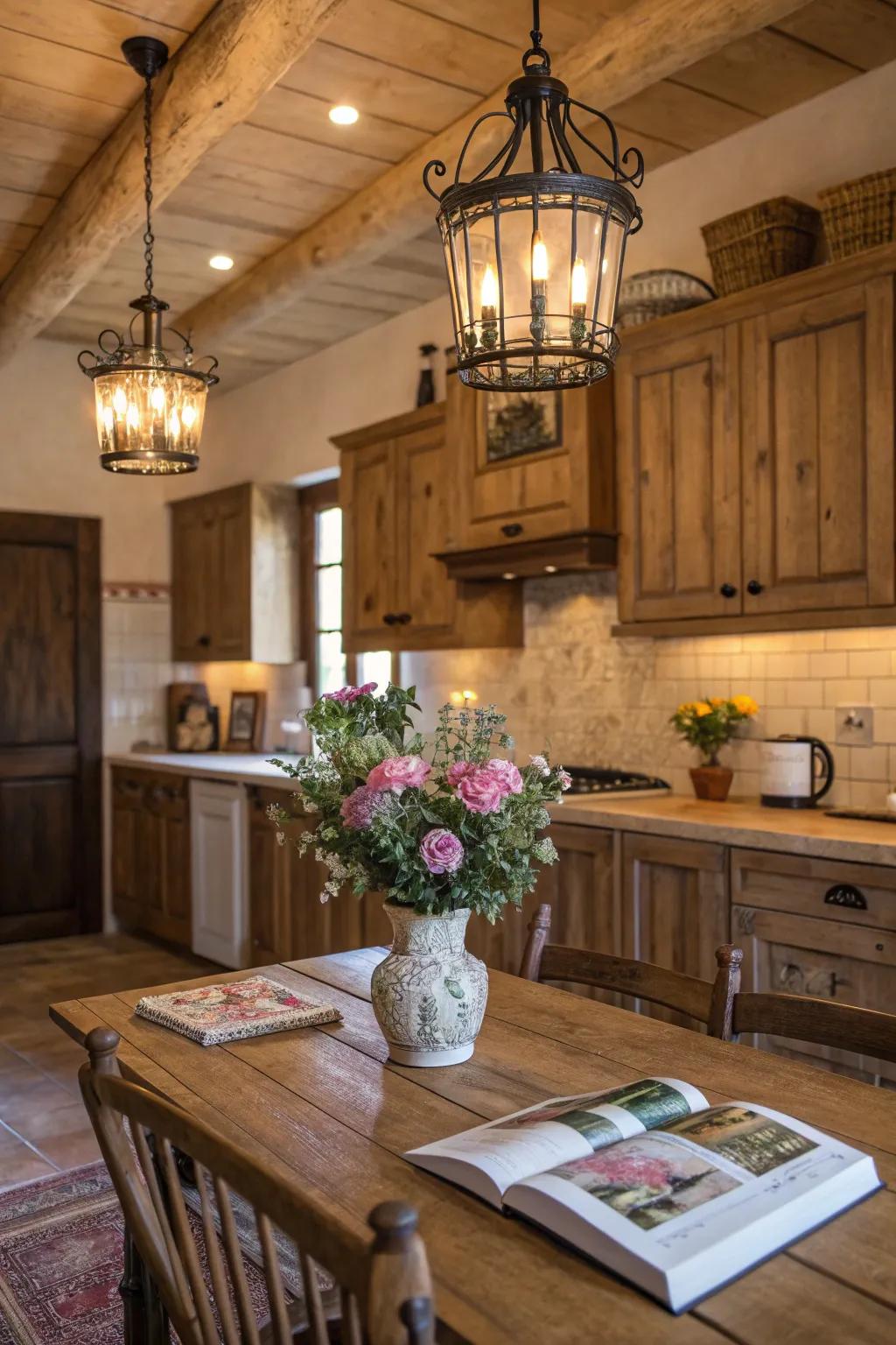 Wood fixtures contribute rustic beauty to this inviting farmhouse kitchen.