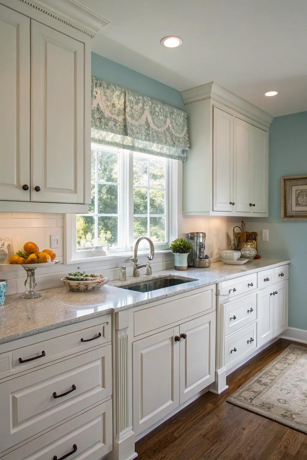 The atmosphere of your cooking area remains fresh and welcoming thanks to soft blue walls.