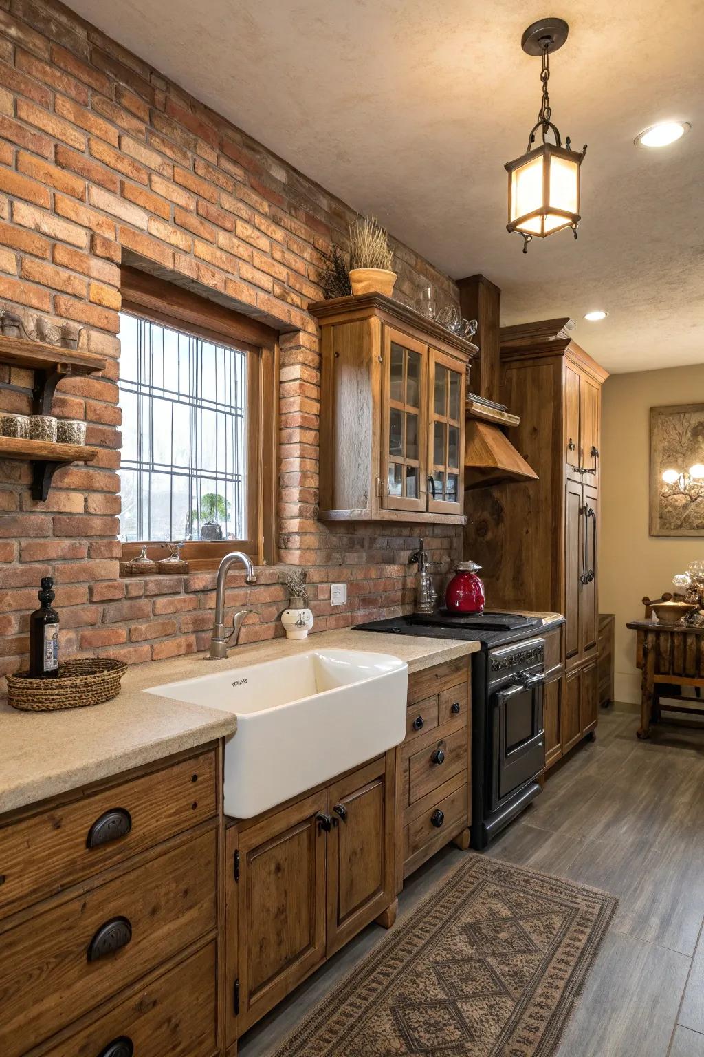 Brick panelling delivers rustic appeal to the kitchen.