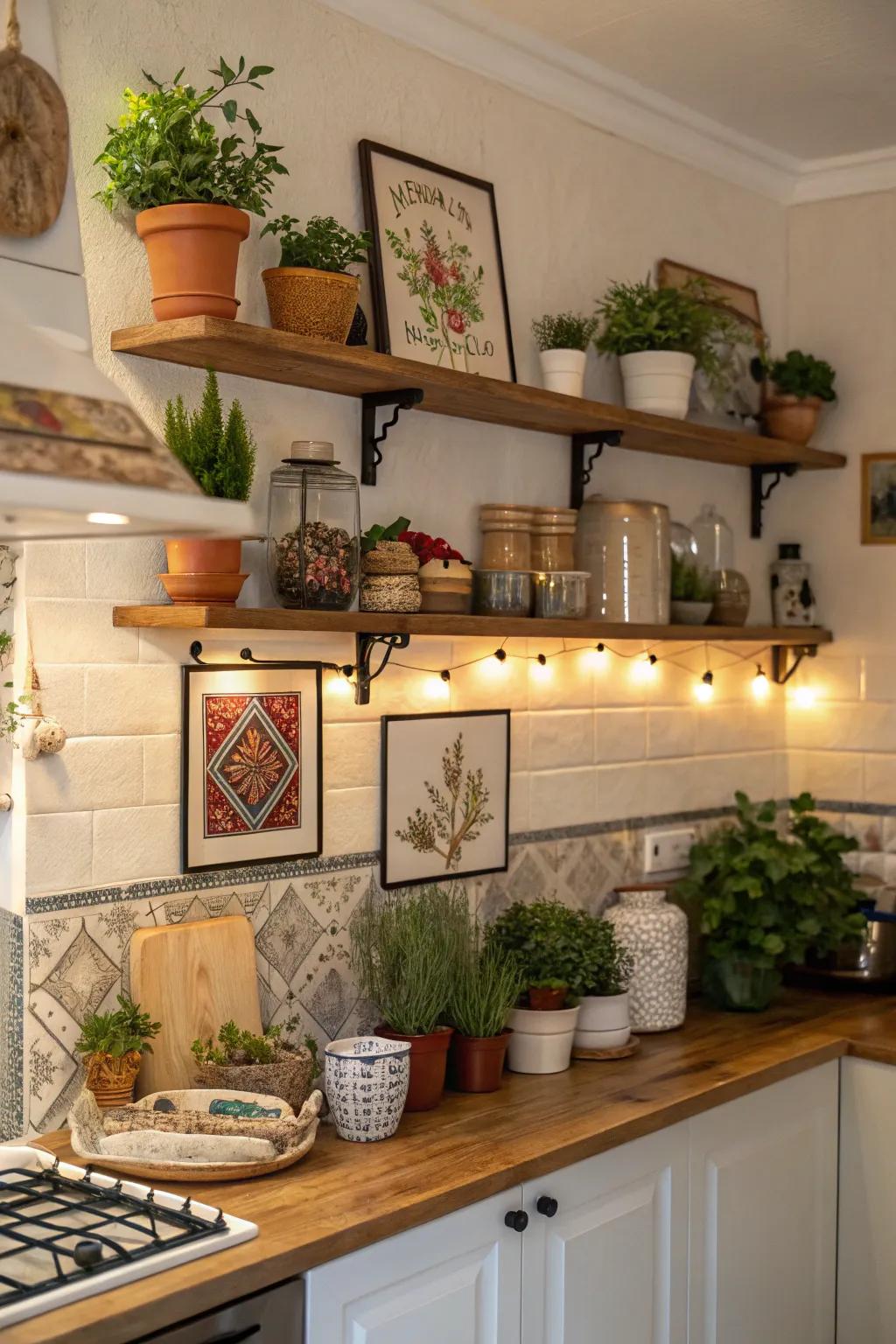 Ornamental accents such as flora and artwork can personalize and brighten your cooking area.