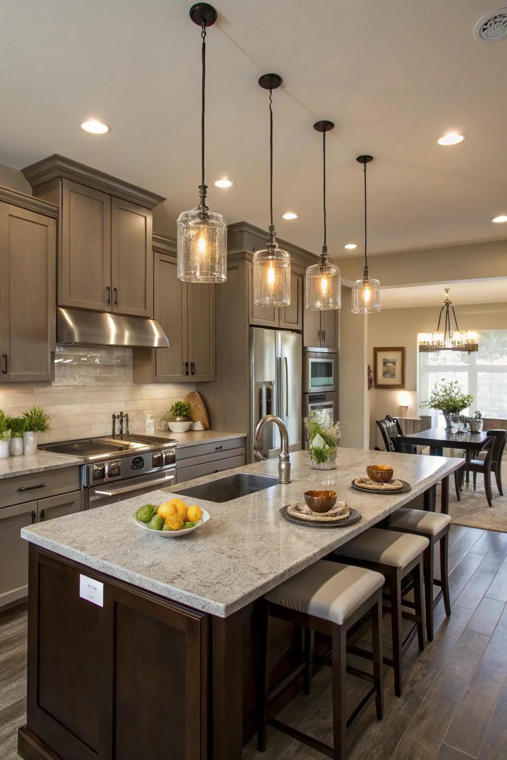 Hanging lights contribute elegance and purpose to your kitchen.