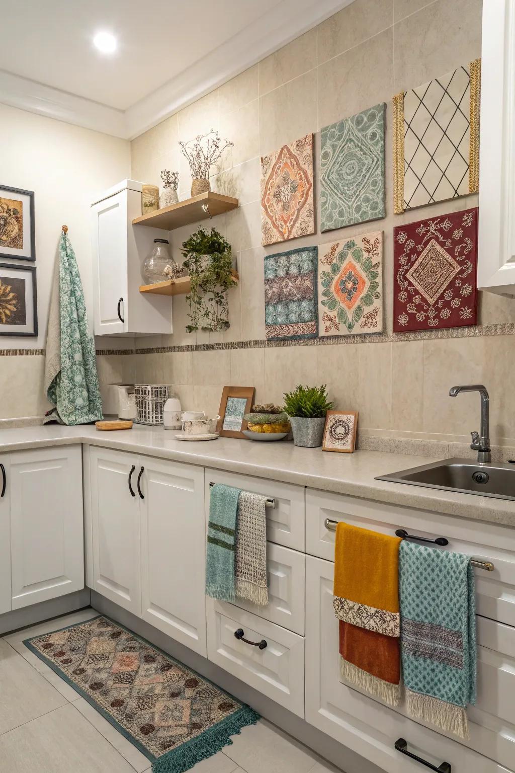 Achieve a unified aesthetic by coordinating cloth colors with kitchen components.