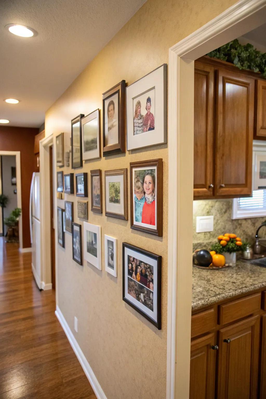 A kitchen wall display showcasing encased family photos, adding a personal element.