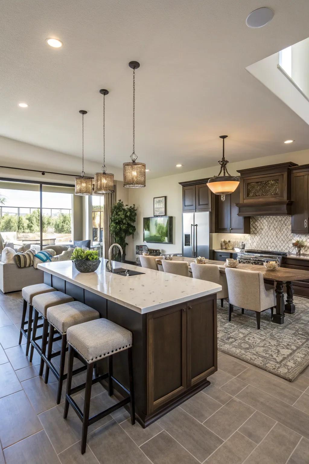 An open layout with a spacious island encourages easy mobility and interaction.