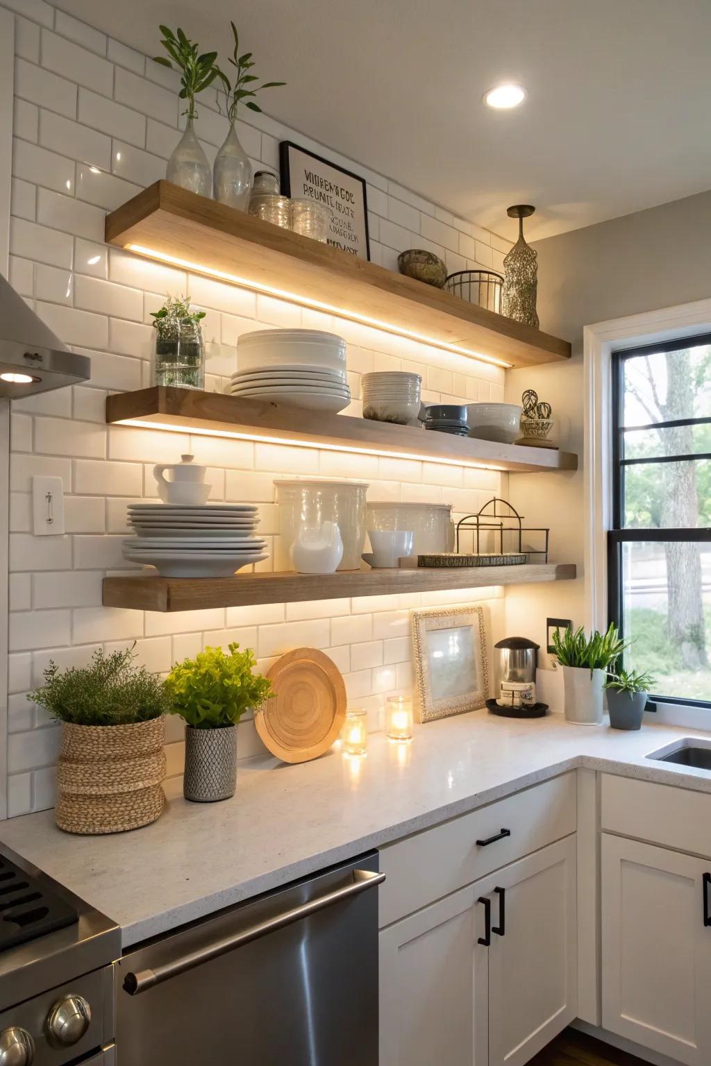 Integrated lighting transforms shelves into radiant showcases.