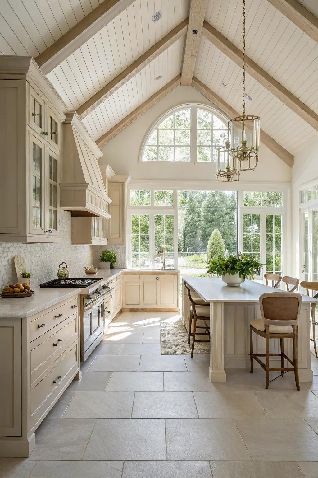 A neutral palette imparts serenity and openness to this kitchen with a vaulted ceiling.