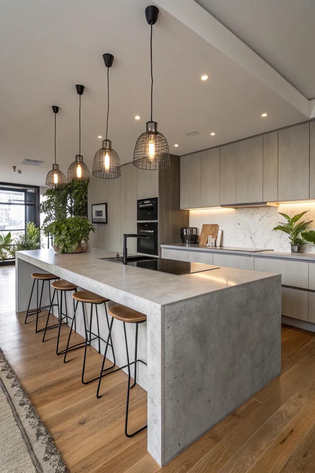 A kitchen illuminated by elegant hanging lights positioned above concrete countertops.