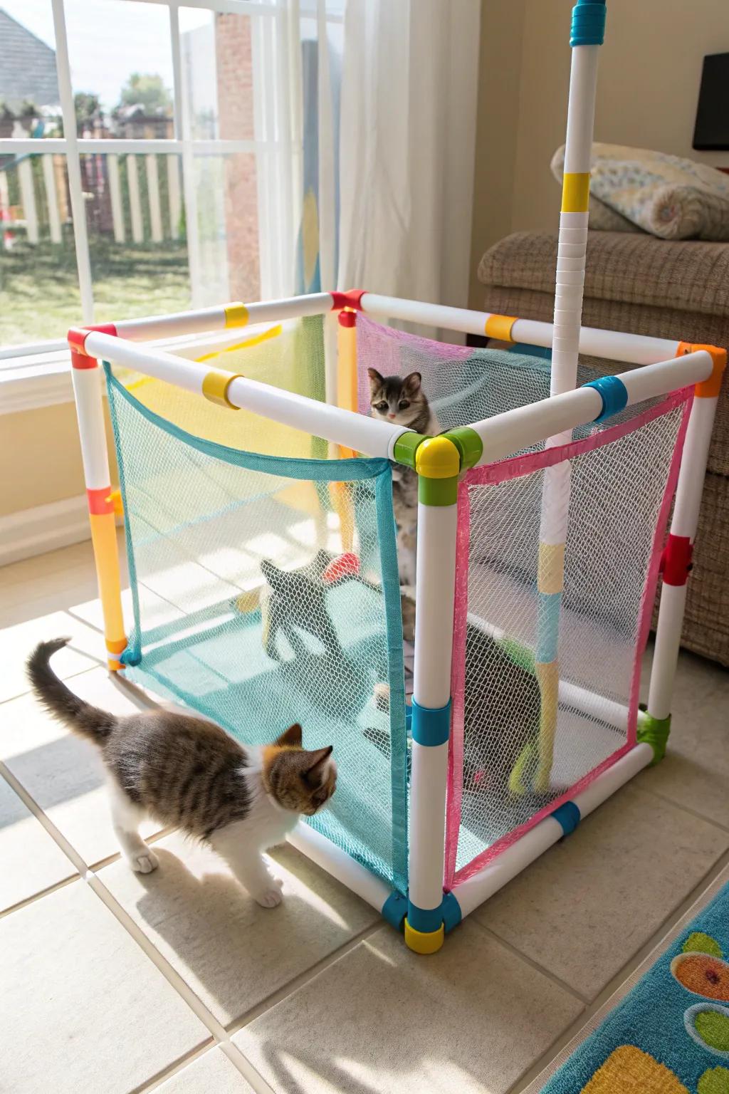 A personalized play area fashioned utilizing PVC conduits, ideal for crafty pet keepers.
