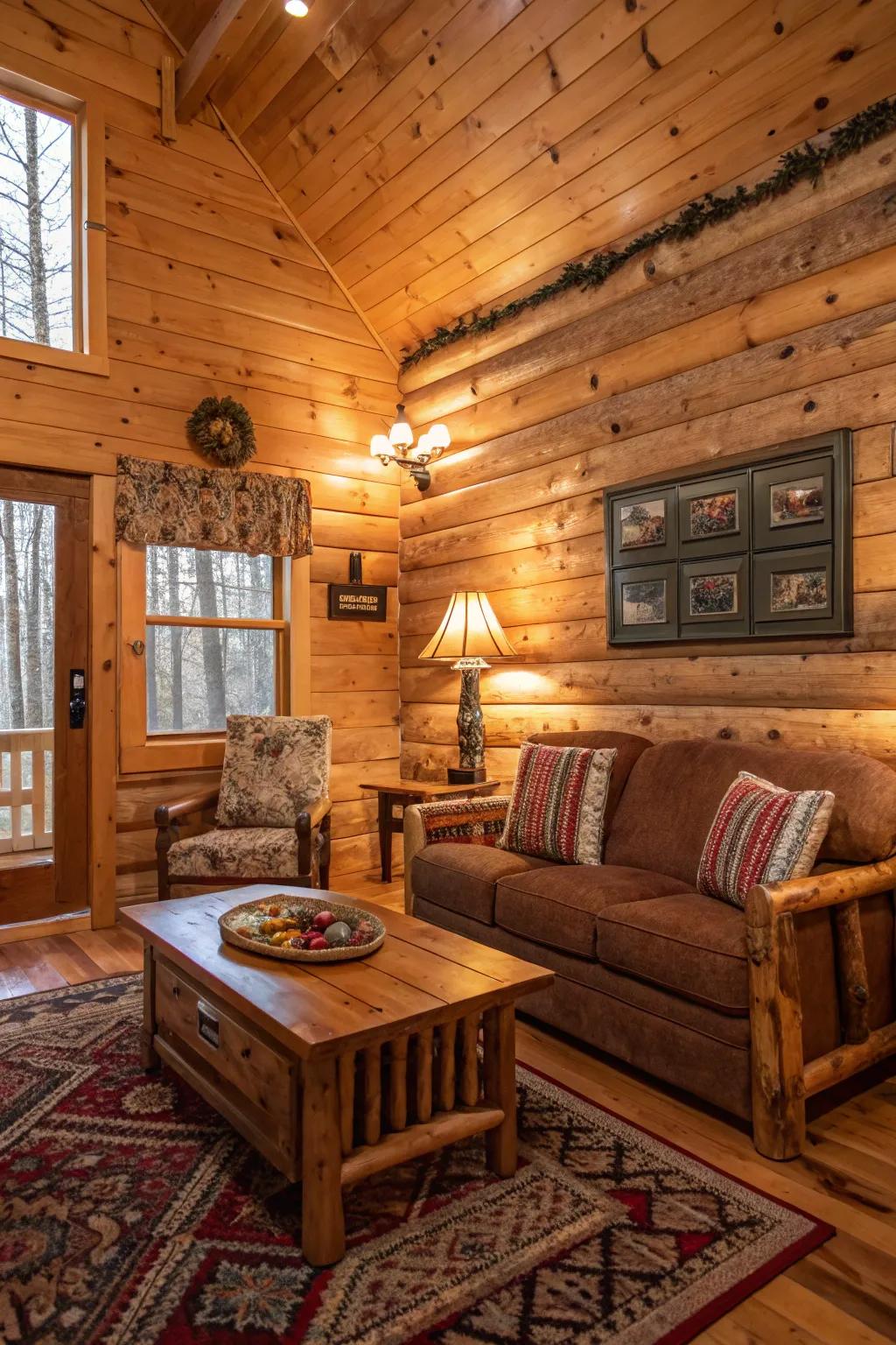 Organic colour palette enhancing the warmth of knotty pine walls.
