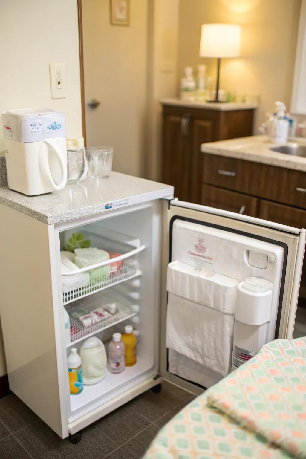 A small fridge and sink offer convenience for nursing mothers.