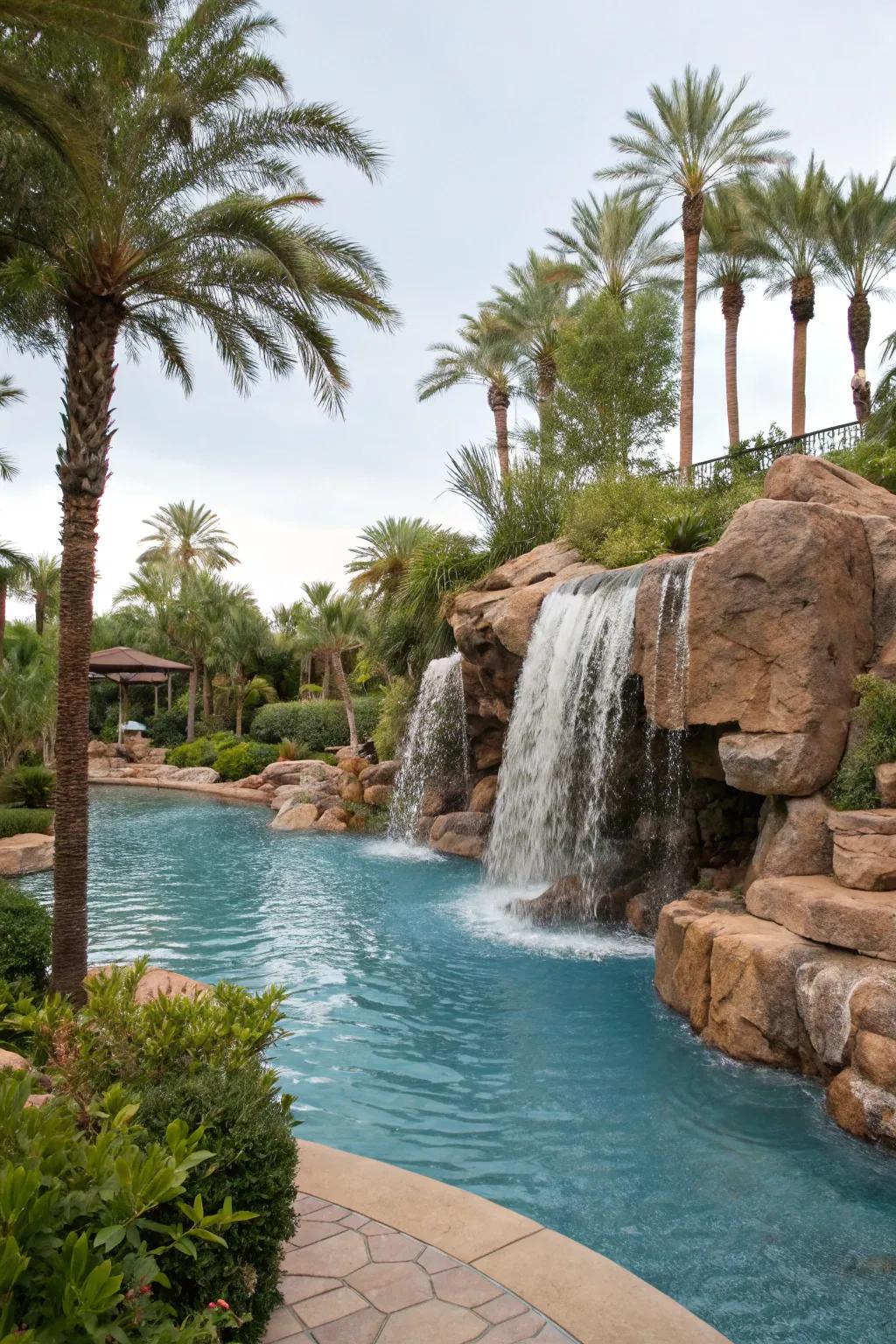 Waterfalls provide motion and peace to lagoon pools.