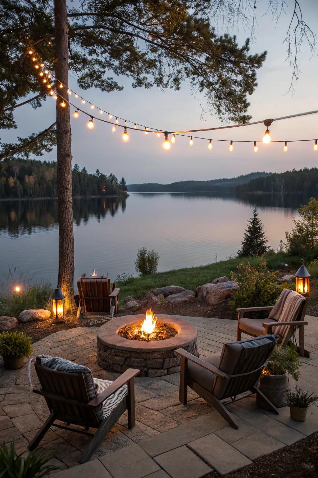 Fairy lights give a toasty and welcoming ambiance enveloping your fire feature.