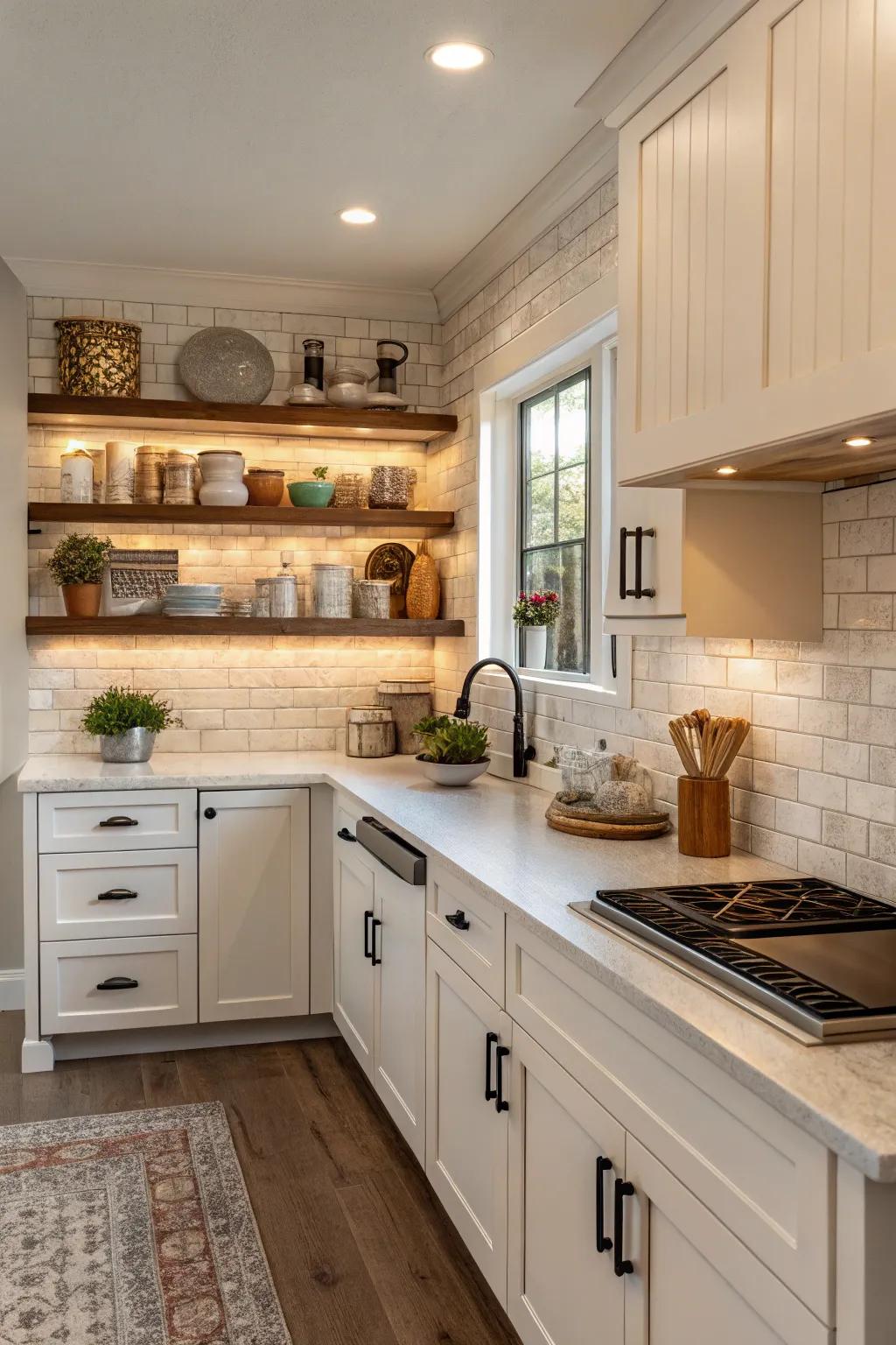 Practical laminate backsplash incorporating built-in shelving.