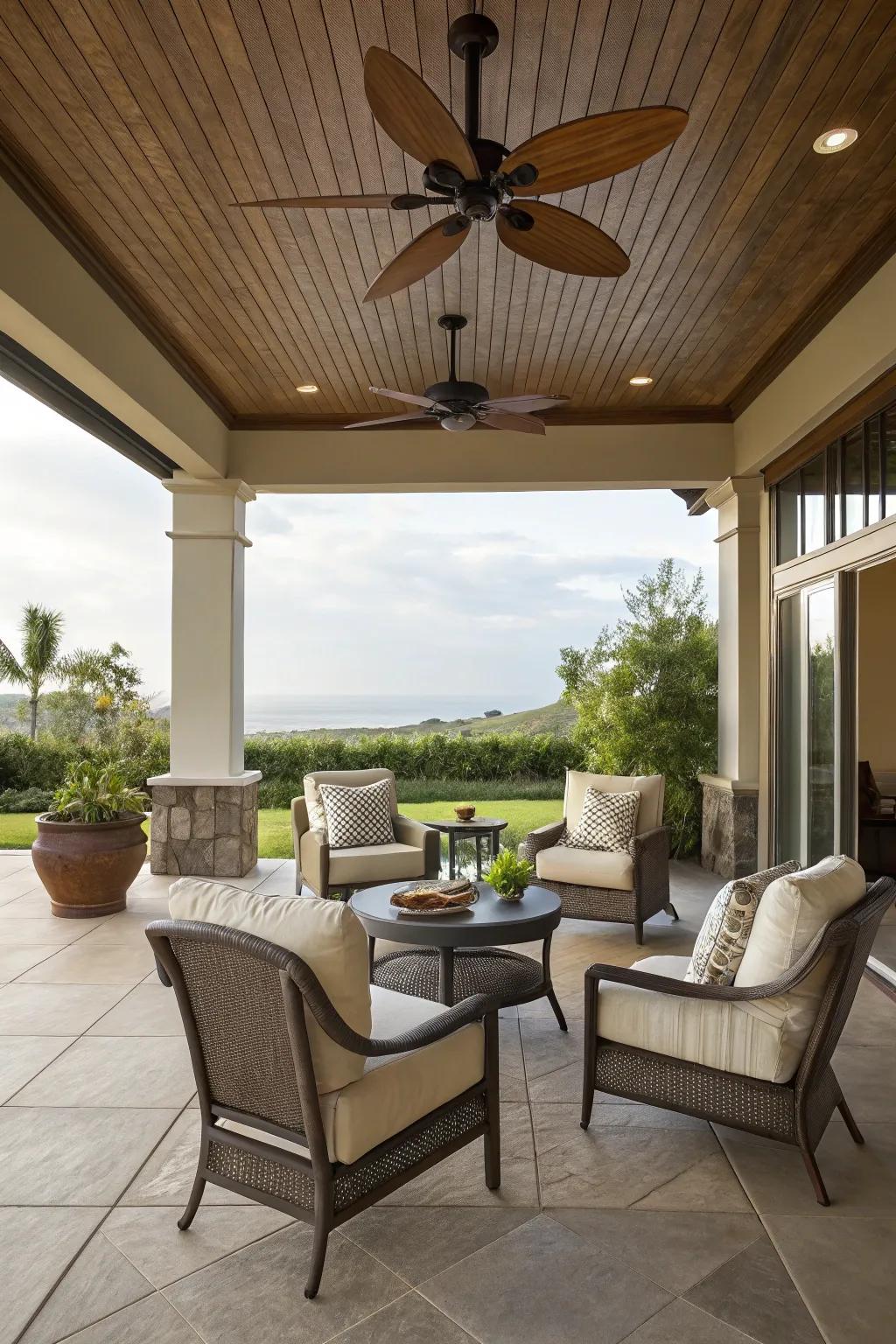 A ceiling impeller adds comfort and panache to the lanai.
