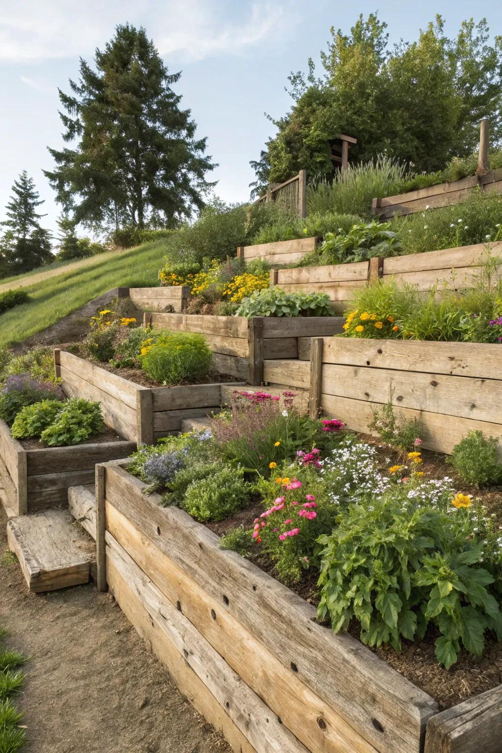 Supporting walls constructed with landscape timbers manage slopes beautifully.