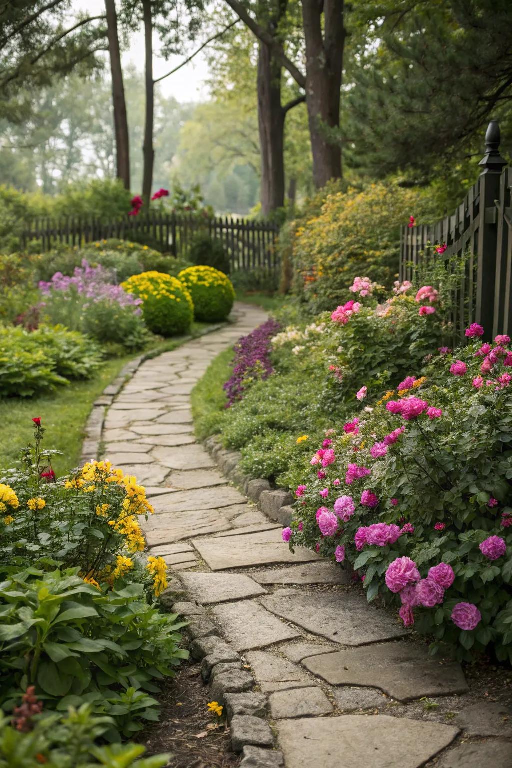 A garden bed with an attractive stone pathway inviting exploration.