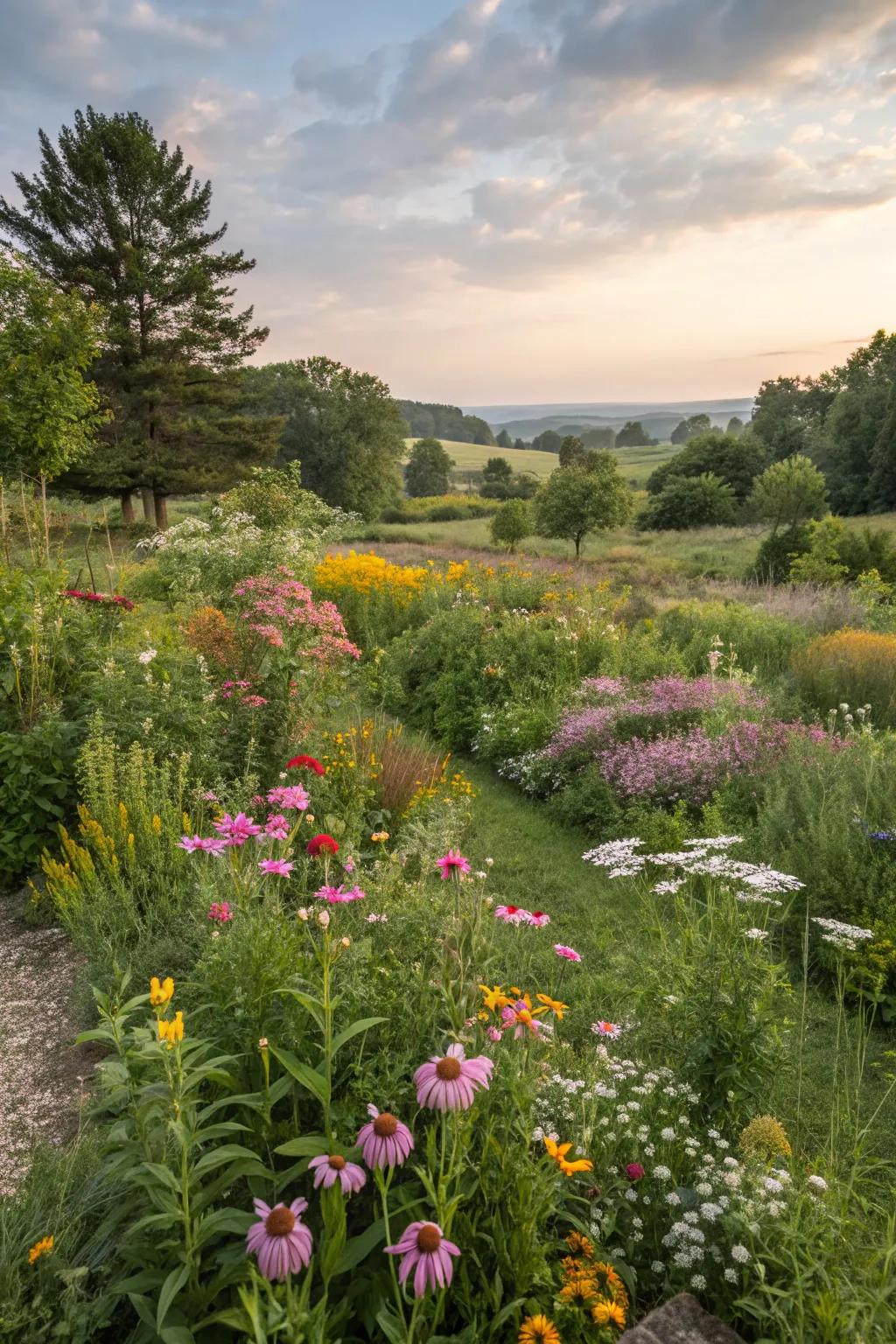 A garden bursting with local plants and wildflowers, encouraging local biodiversity.