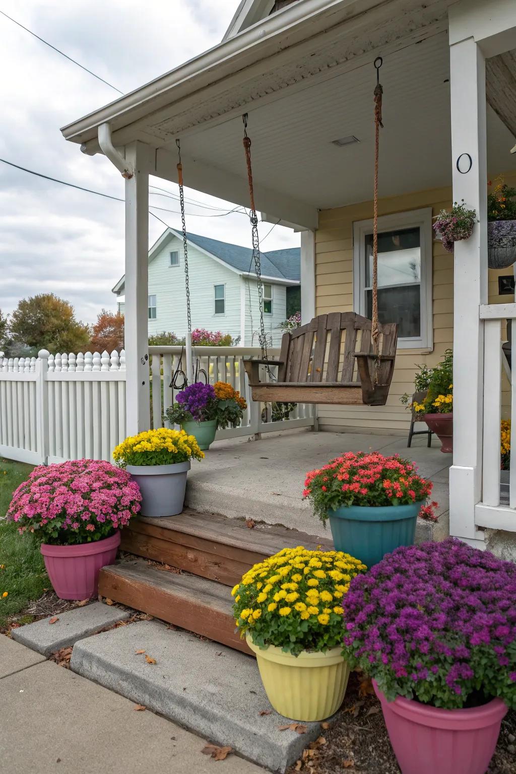 Containers on the veranda present a friendly greeting with seasonal blooms.