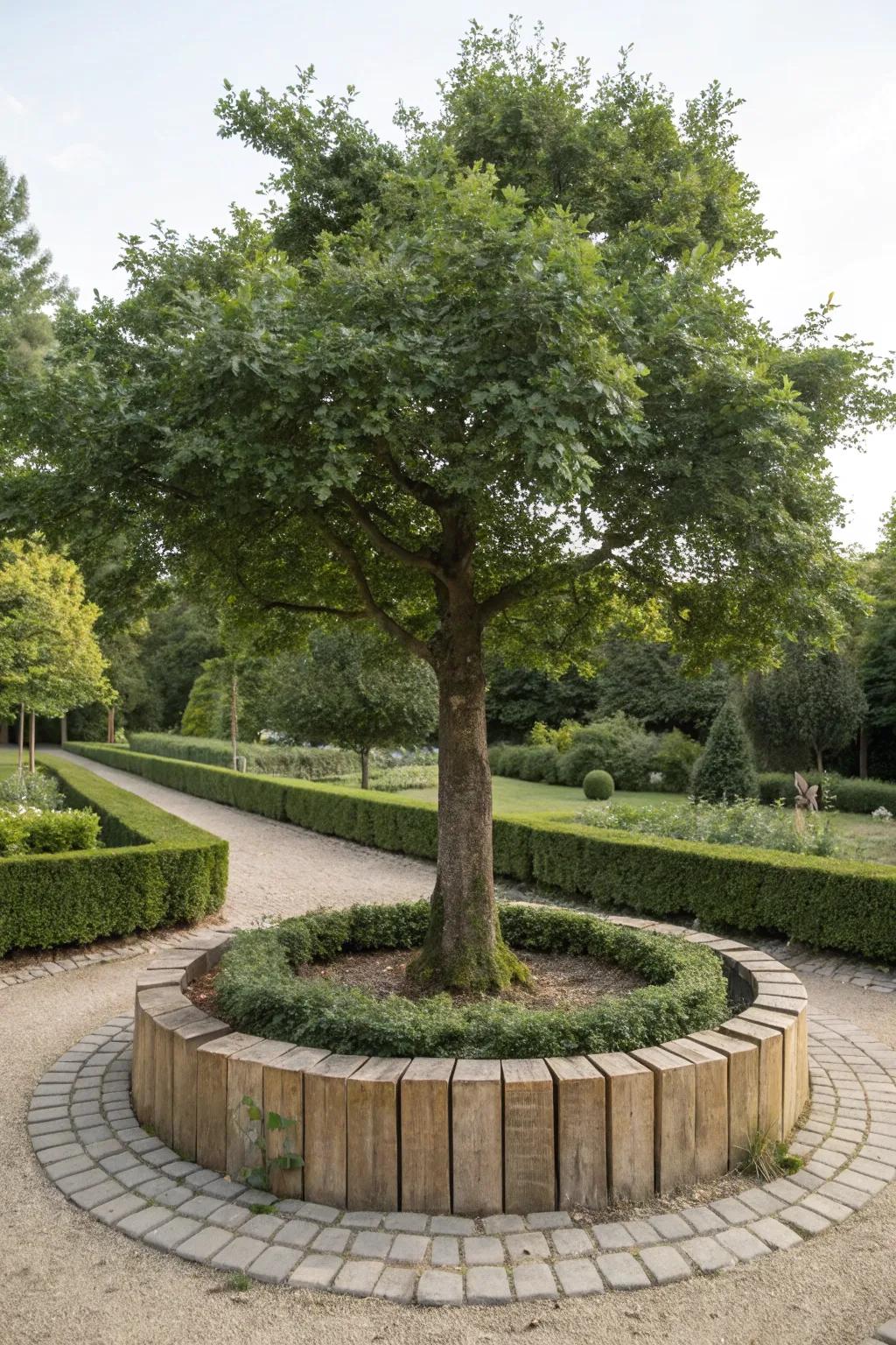 Timber enclosures offer a pristine and structured presentation for trees.