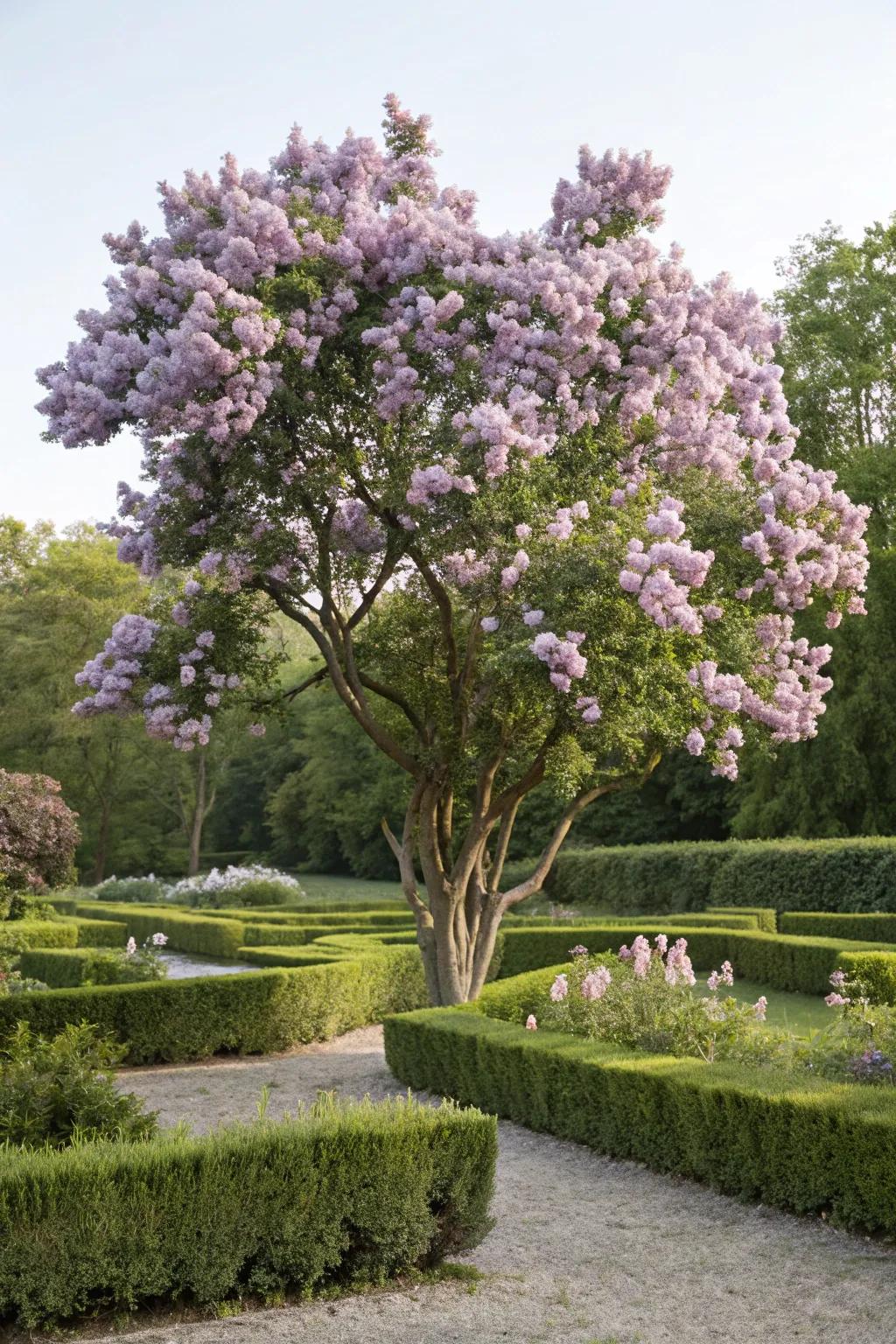 A grand lilac bush becomes the centerpiece of this garden.