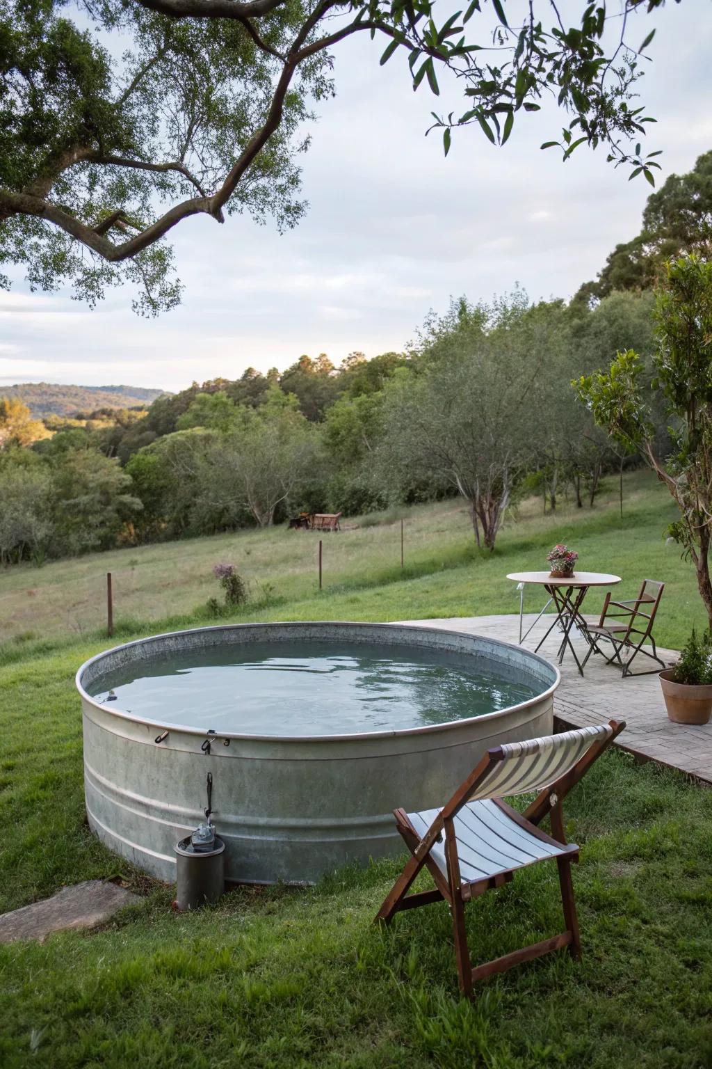 A livestock trough pool provides a refreshing escape on warm days.