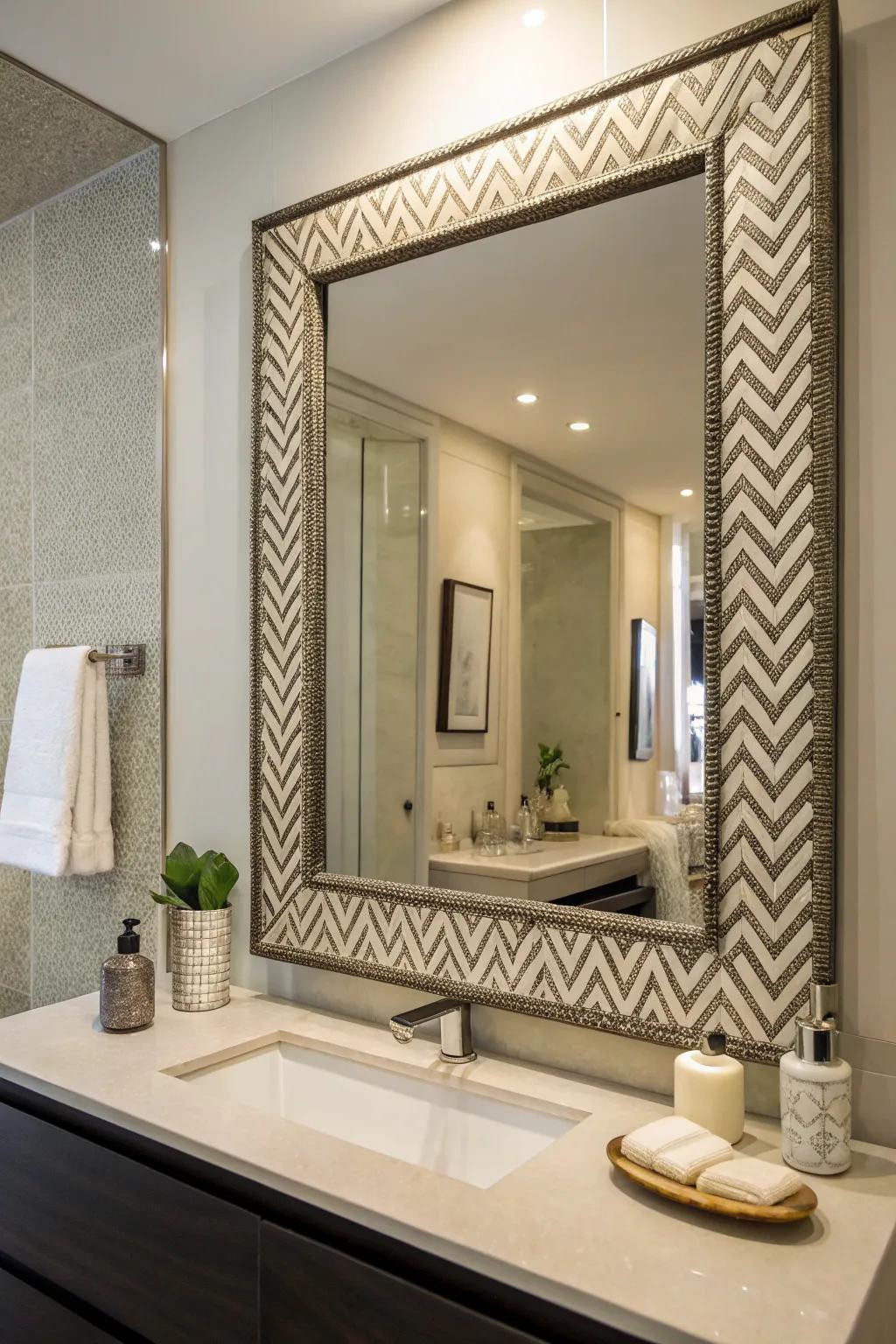 Parquet patterns enrich bathroom mirrors with geometric sophistication.