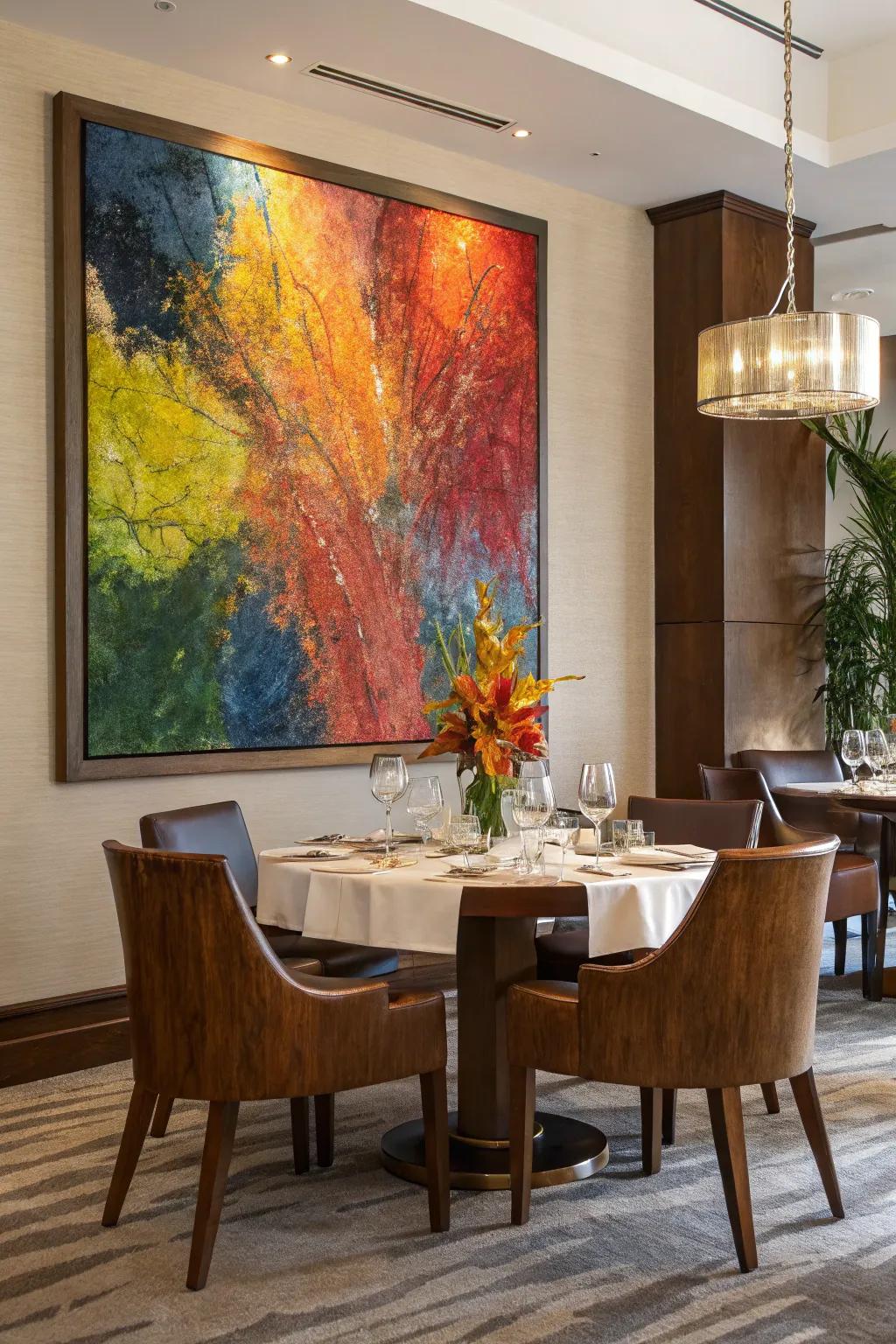 The dining space is enlivened with the dynamic vigor of a textured, colorful painting.