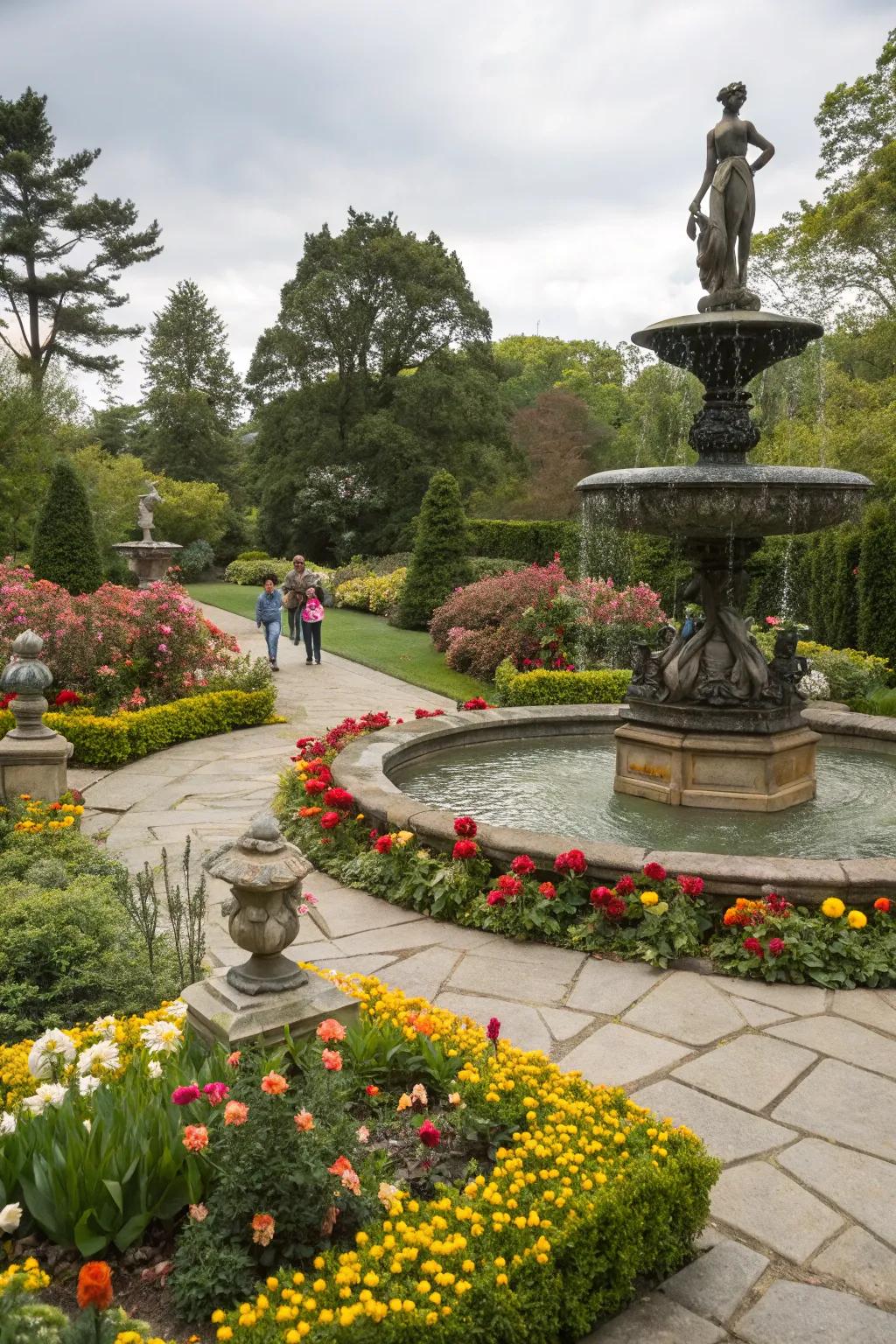 A decorative fountain and sculptures add charm to the garden.