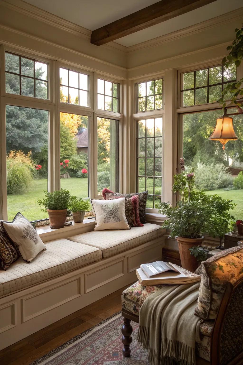 A comfortable window seat inviting you to relax and observe the garden.