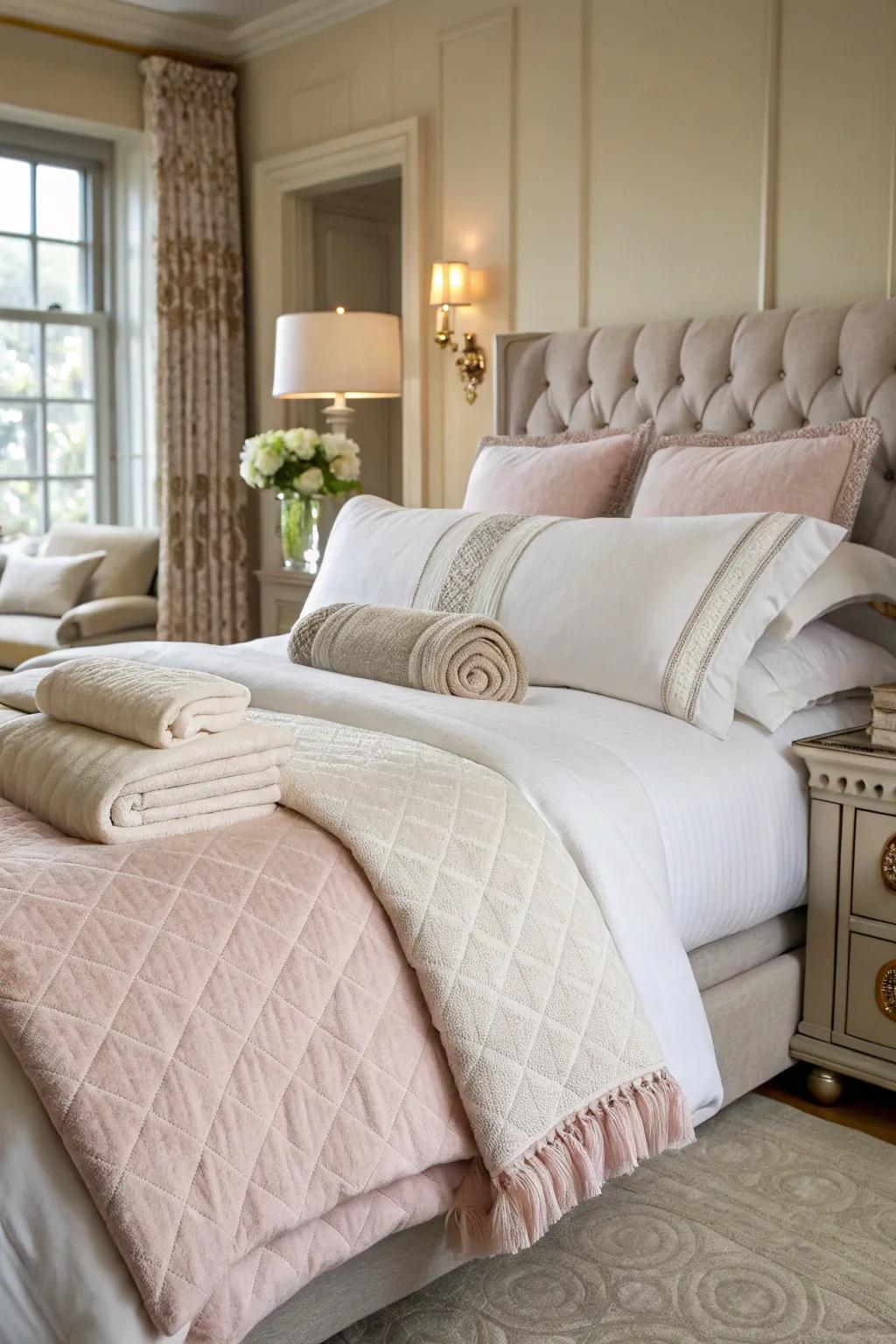 Sumptuous bedding adds comfort and elegance to the bedroom.