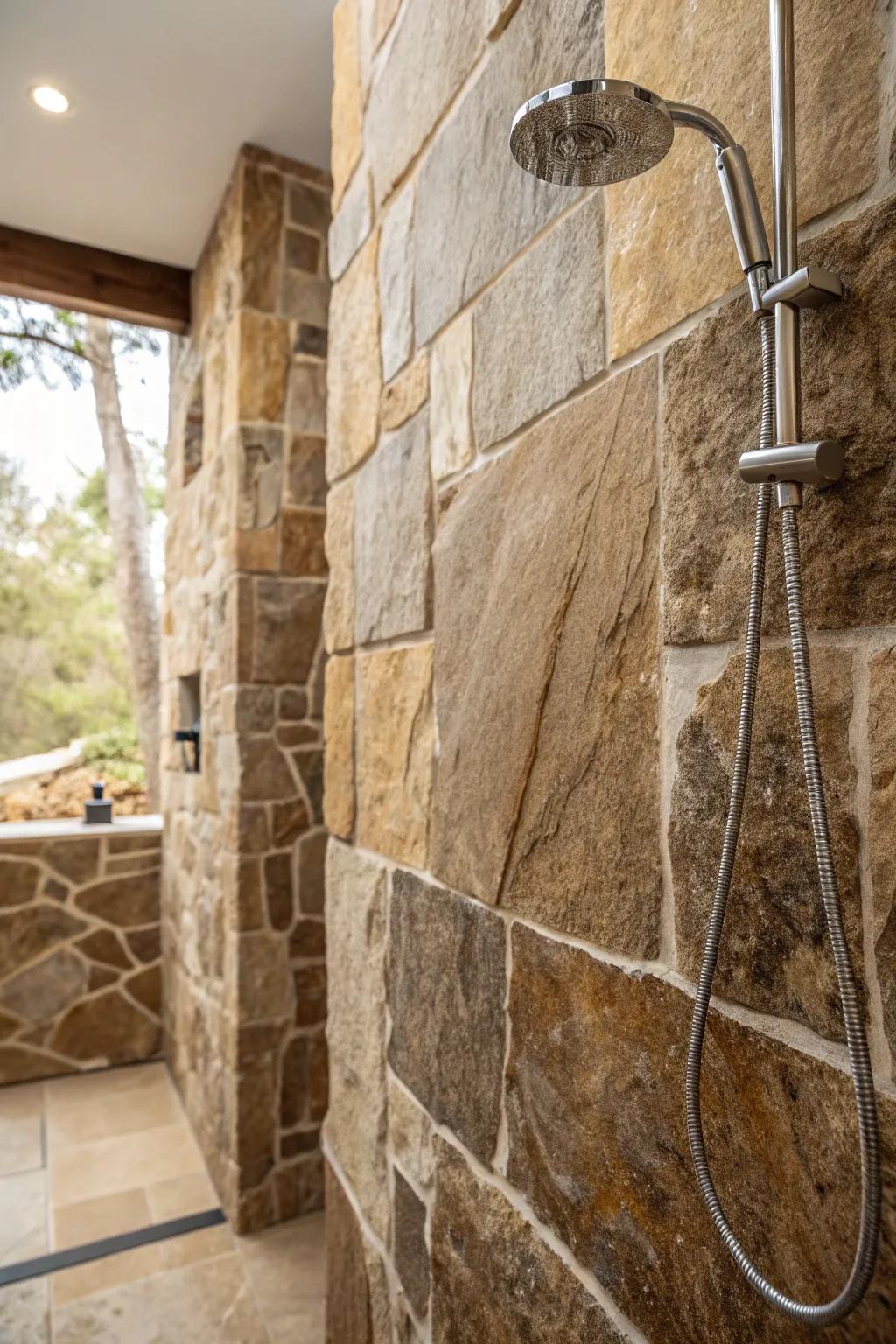 Inherent stone finishes impart a traditional touch to contemporary showers.