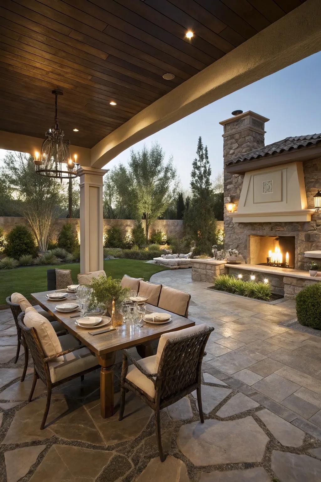 Chic patio dining zone featuring stone flooring in a Las Vegas backyard.